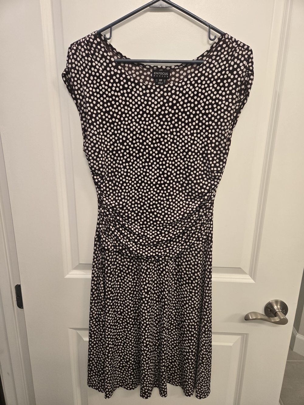 Enfocus Studio Brown and White Polka Dot Ruched Midi Dress
